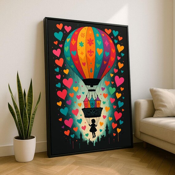 Colorful Hot Air Balloon Hearts Kids Room Whimsical Wall Art