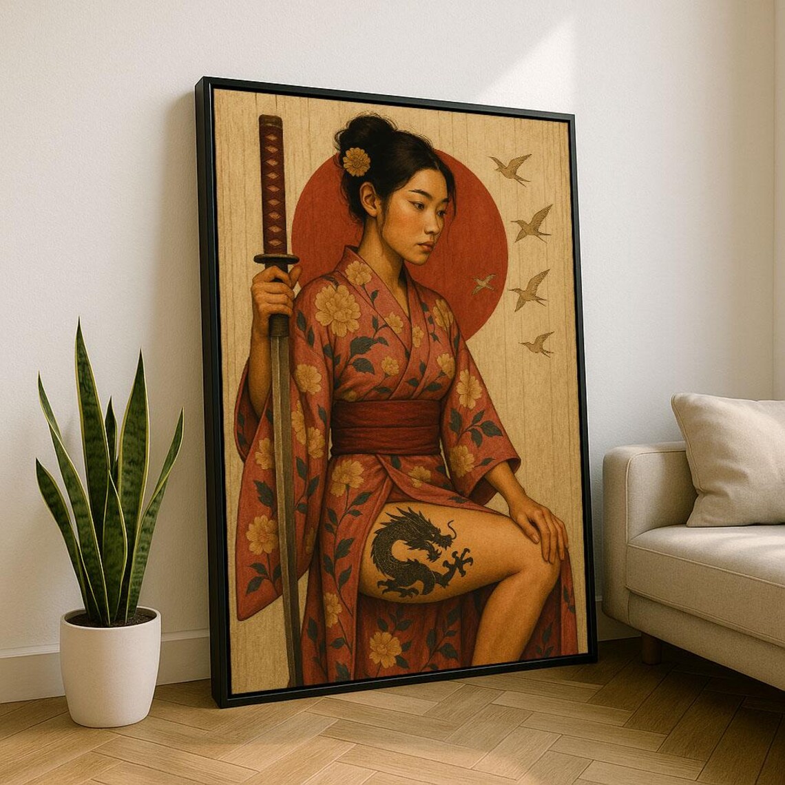 Japanese Geisha Warrior Katana Dragon Tattoo Red Sun Kimono Poster