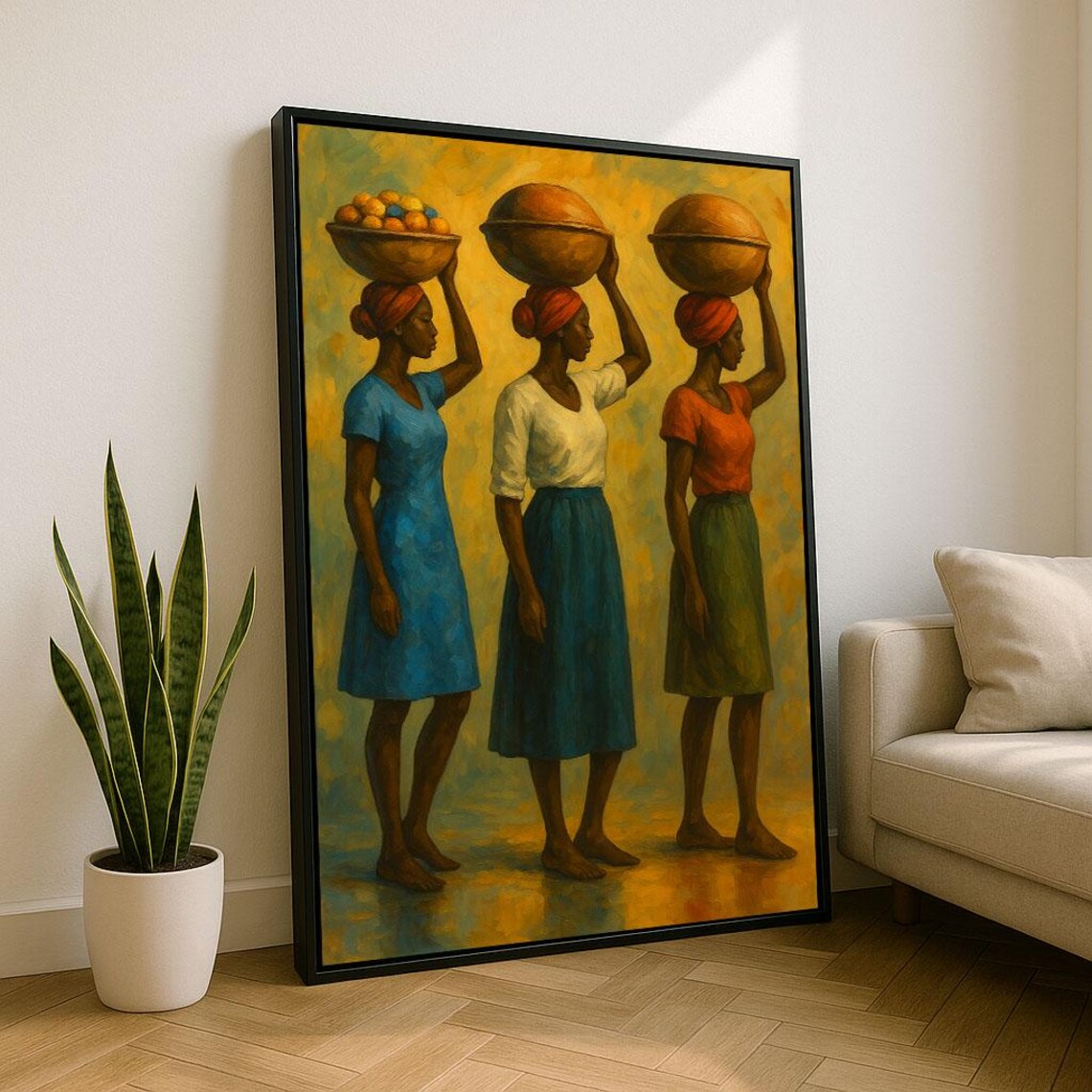 African Women Carrying Baskets Golden Boho Portrait Wall Art