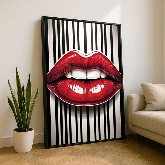 Bold Pop Art Lips Canvas Wall Print Red And Black Living Room Decor Statement Piece