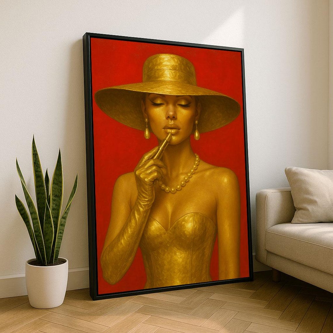 Elegant Golden Glamour Woman With Wide Brim Hat Red Backdrop Poster