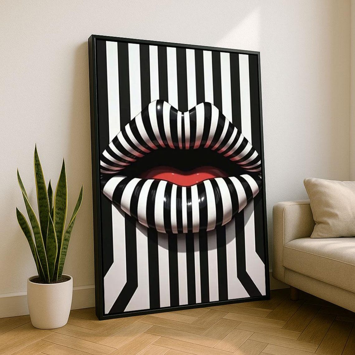 Black And White Striped Lips Optical Illusion Red Mouth Modern Poster