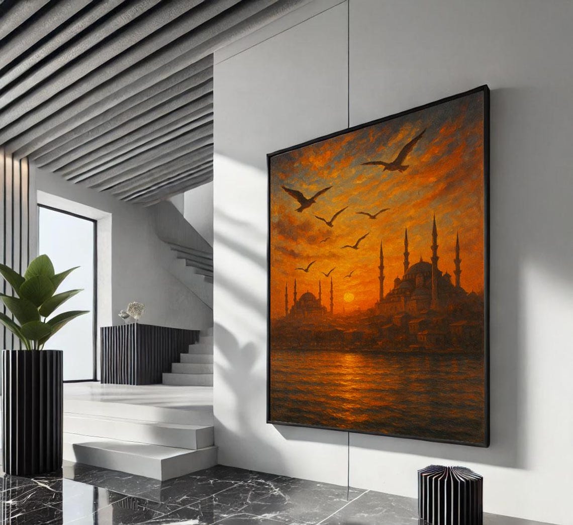 Istanbul Skyline Sunset Mosques Minarets And Seagulls Poster