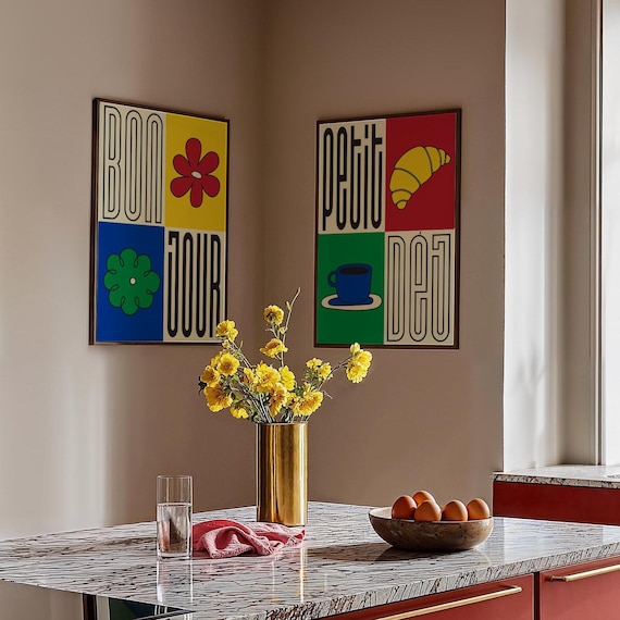Bonjour and Petit Dejeuner French Cafe Pop Art Two Piece Poster