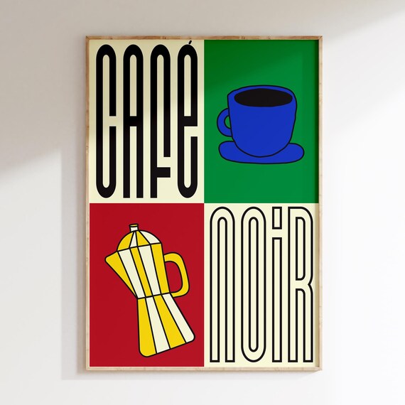 Caf Noir Poster Kitchen Wall Deco Modern Print Dinning Illustration