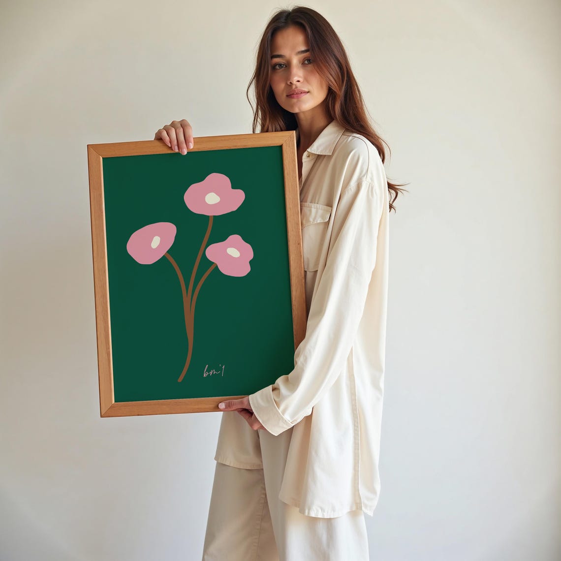 Three Pink Flowers on Deep Green Minimalist Botanical Poster