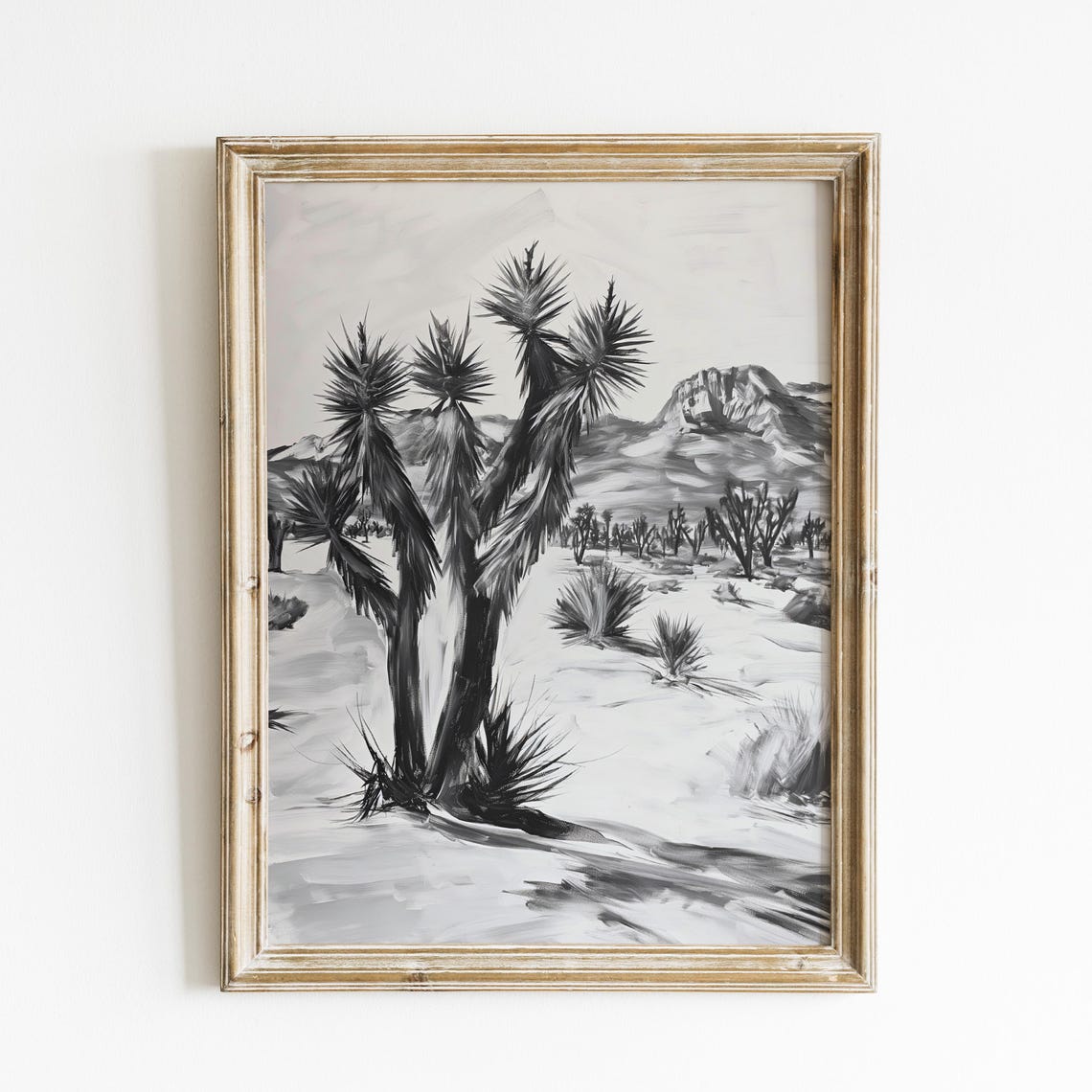 Joshua Tree Desert Black White Minimalist Landscape Sketch Poster