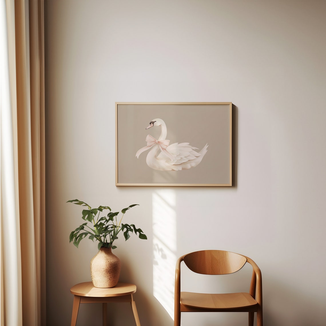 White Swan With Pink Bow Coquette Nursery Animal Print Beige - Image 2