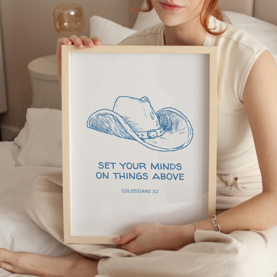 Colossians 3:2 Cowboy Hat Blue Line Art Christian Verse Wall Poster - Image 4