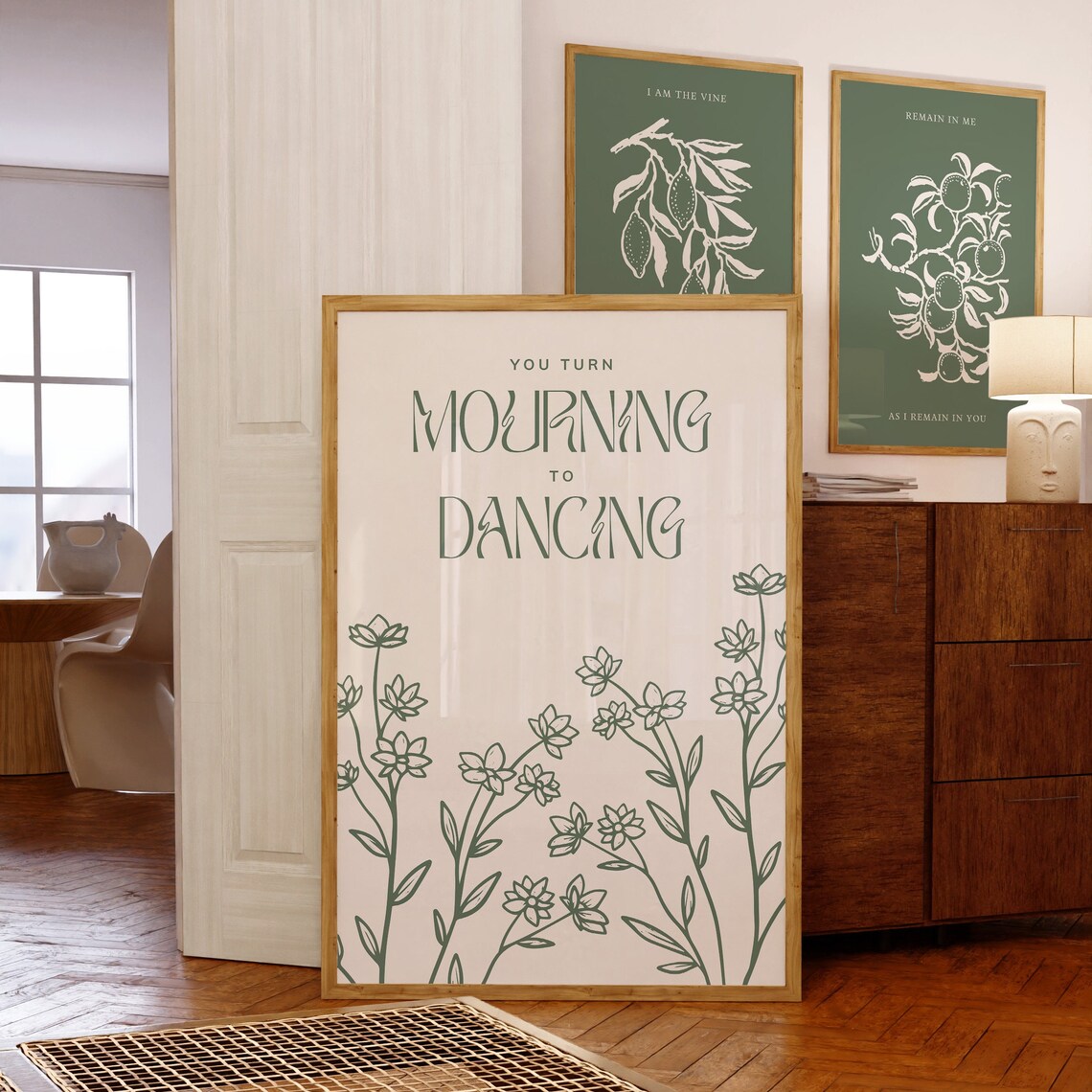 You Turn Mourning to Dancing Sage Green Line Art Wildflowers Hope Poster - Image 4