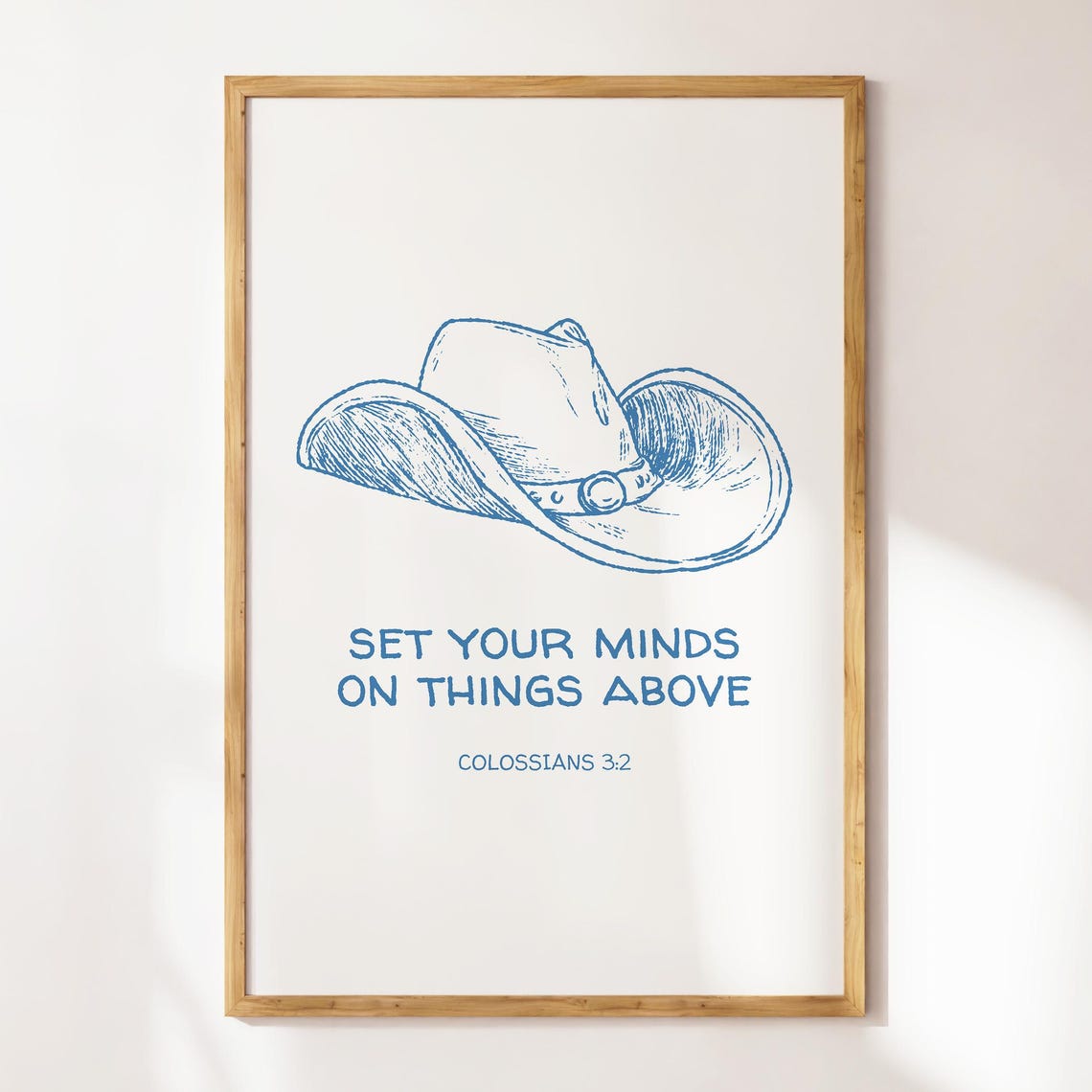 Colossians 3:2 Cowboy Hat Blue Line Art Christian Verse Wall Poster