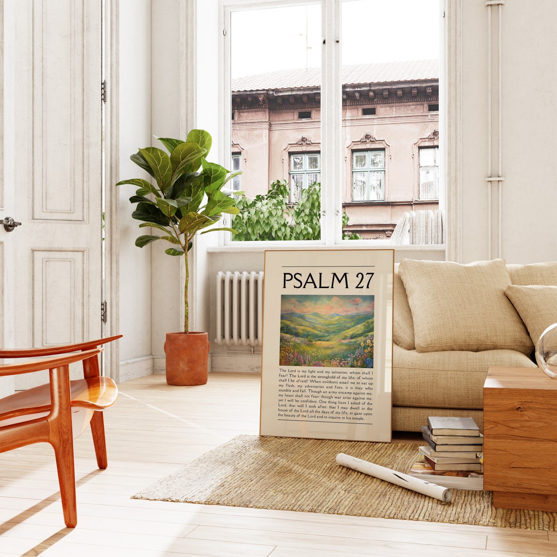 Psalm 27 Full Verse Painted Flower Meadow Hills Landscape Poster - Image 3