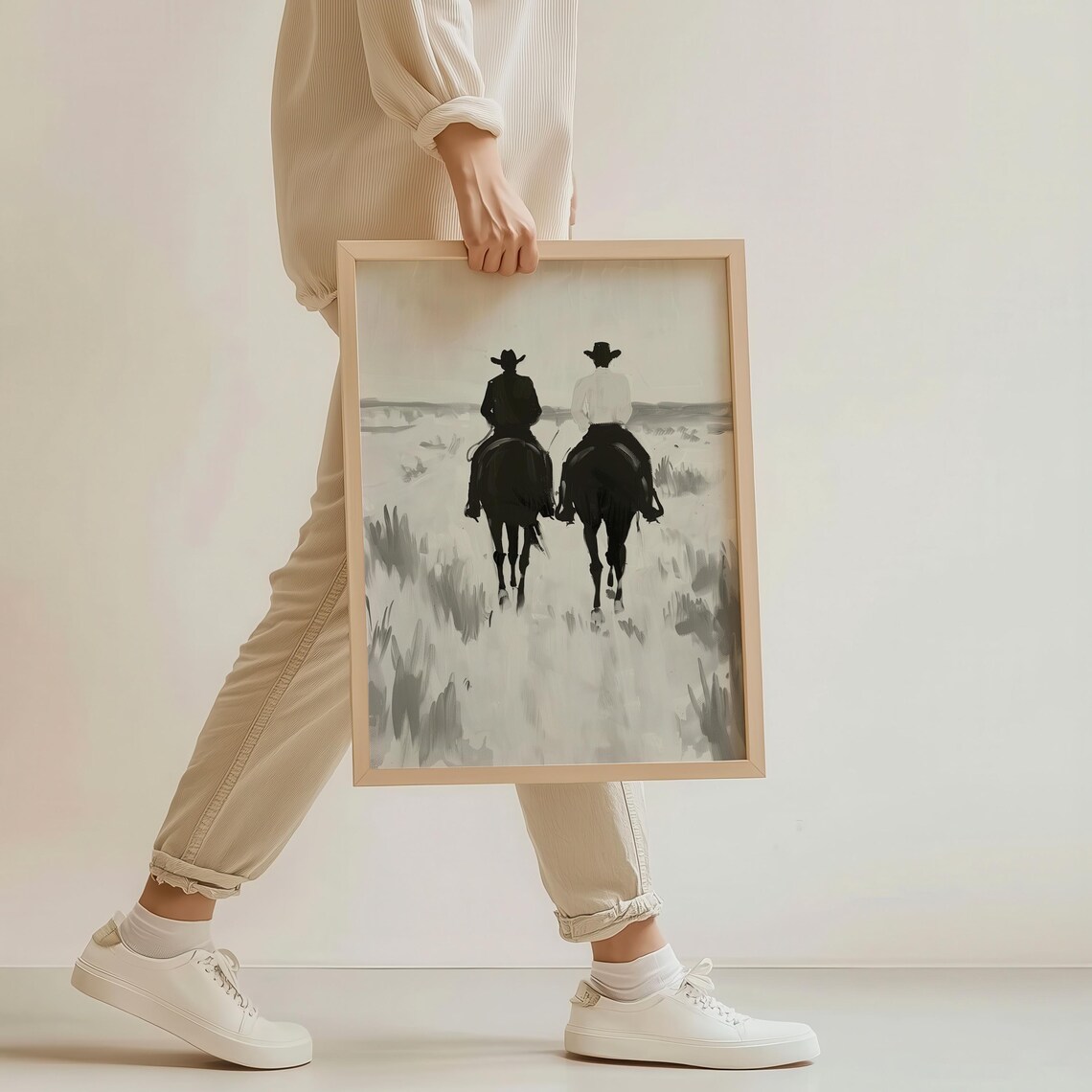 Two Cowboys Riding Horses Monochrome Western Painting Poster - Image 4