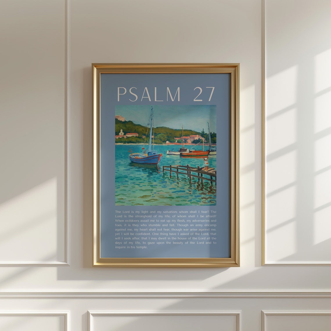 Psalm 27 Sailboat Harbor Painting Dusty Blue Scripture Verse Poster - Image 4