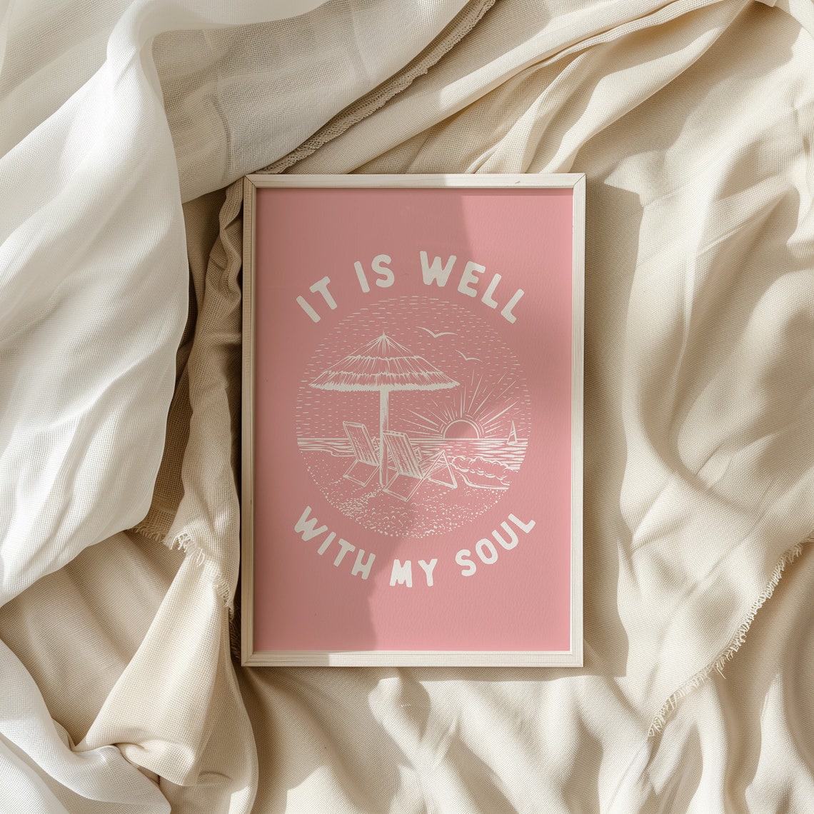 It Is Well With My Soul Beach Sunset Pink Vintage Line Poster - Image 4