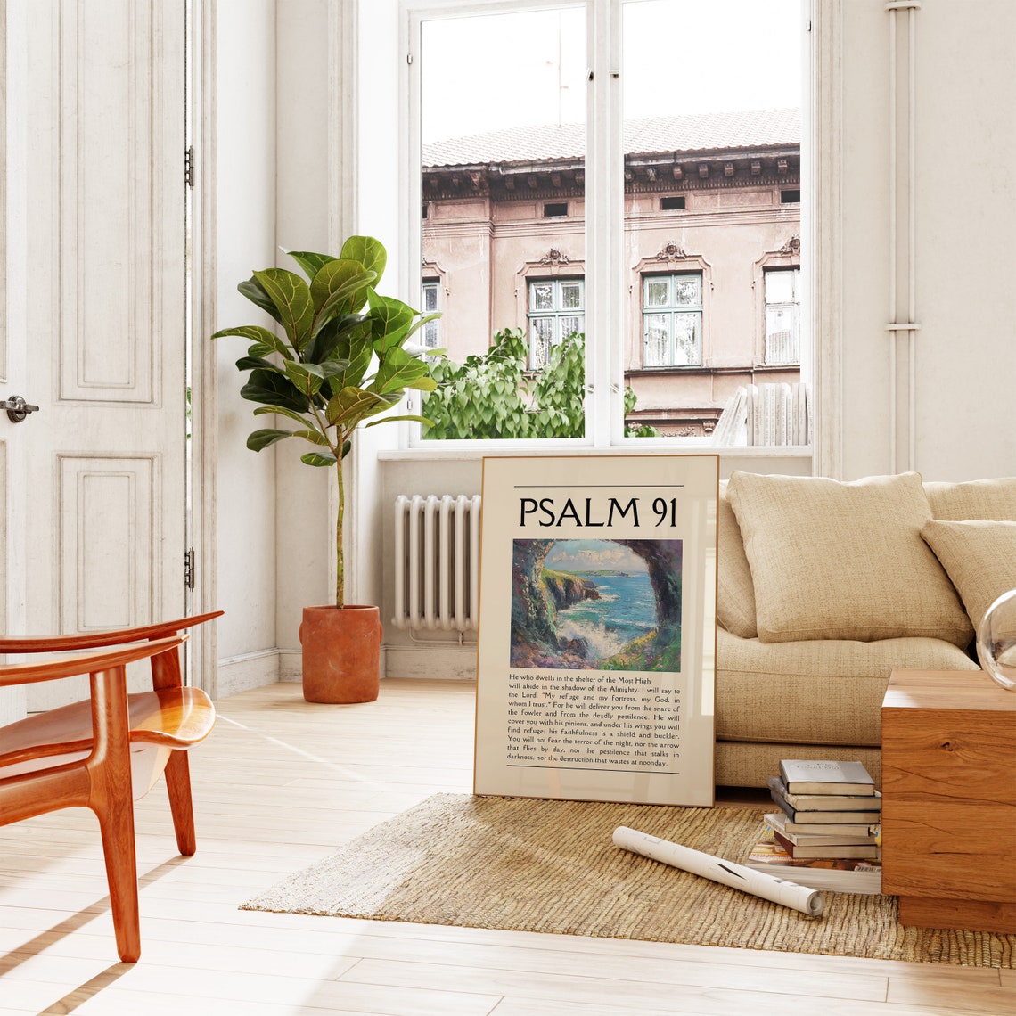 Psalm 91 Protection Verse Painted Ocean Cove Seascape Poster - Image 3