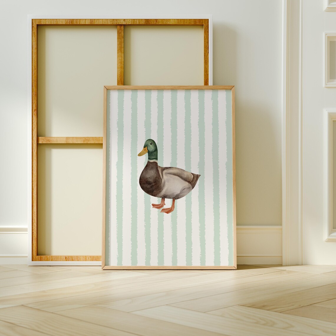 Watercolor Mallard Duck Sage Green Striped Farmhouse Nursery Poster - Image 3