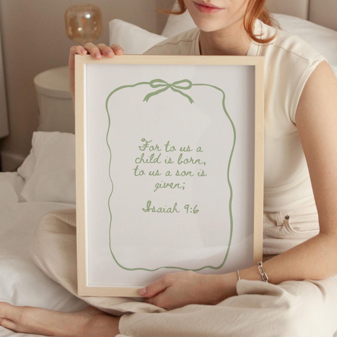 Isaiah 9:6 Green Script Bow Border Christmas Scripture Poster - Image 3
