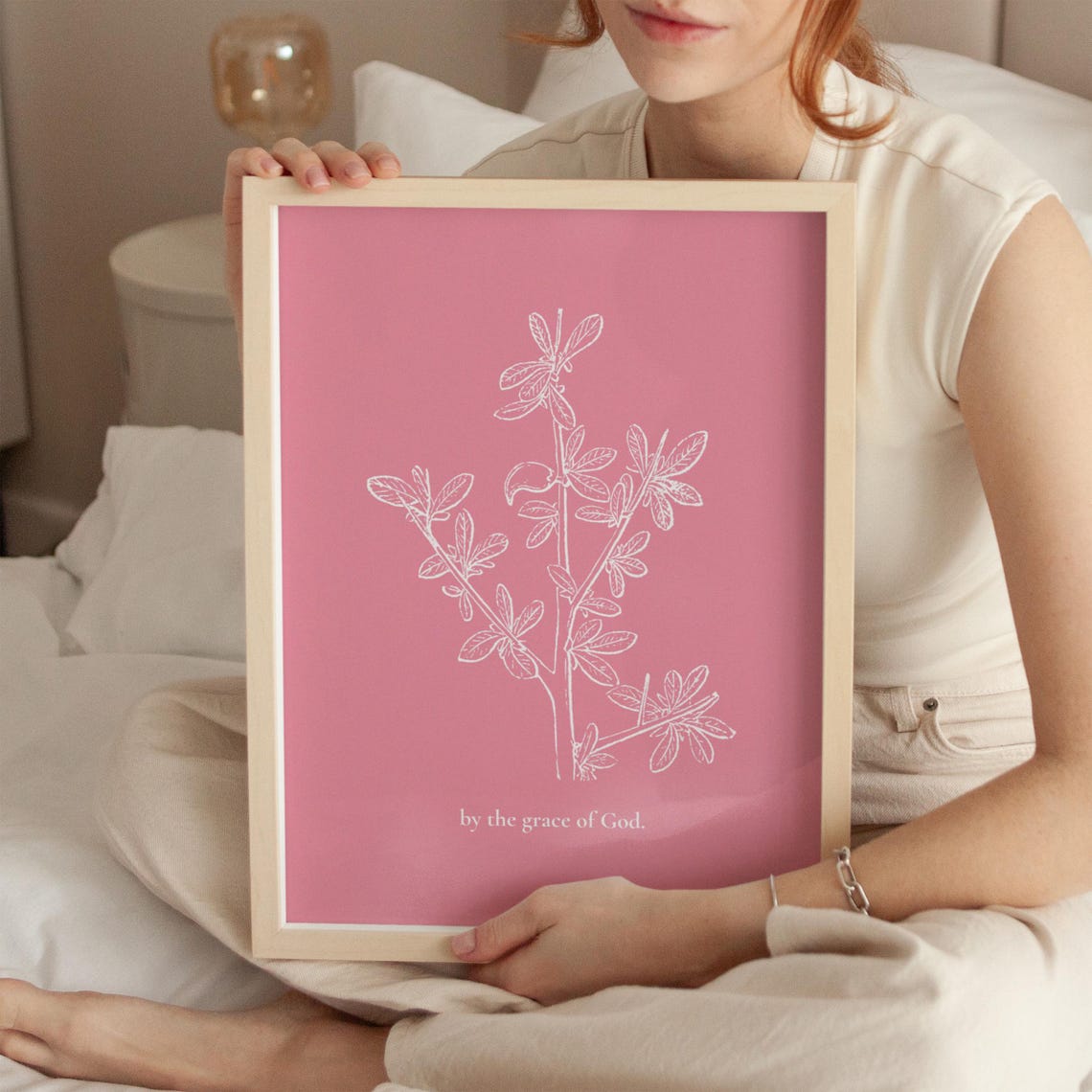 By The Grace Of God Botanical Pink Minimalist Line Art Poster - Image 3