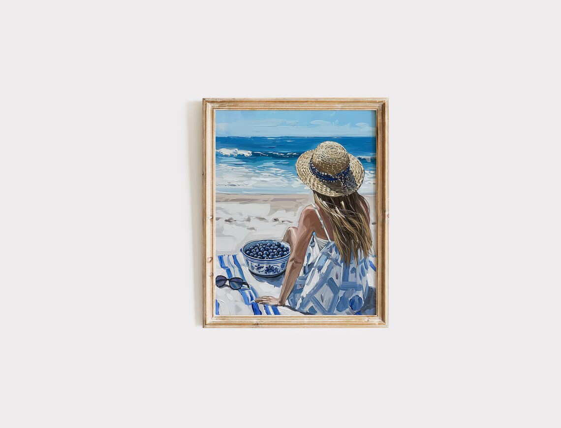 Beach Girl Straw Hat Blueberry Bowl Coastal Cowgirl Scene Poster - Image 4
