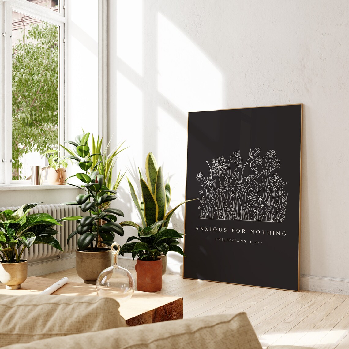 Anxious for Nothing Philippians 4:6-7 Dark Botanical Line Art Flower Poster - Image 2