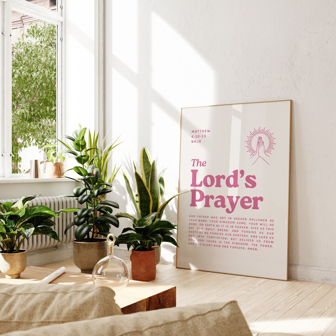 The Lords Prayer Matthew 6 10 13 Pink Retro Praying Hands Christian Wall Poster - Image 4