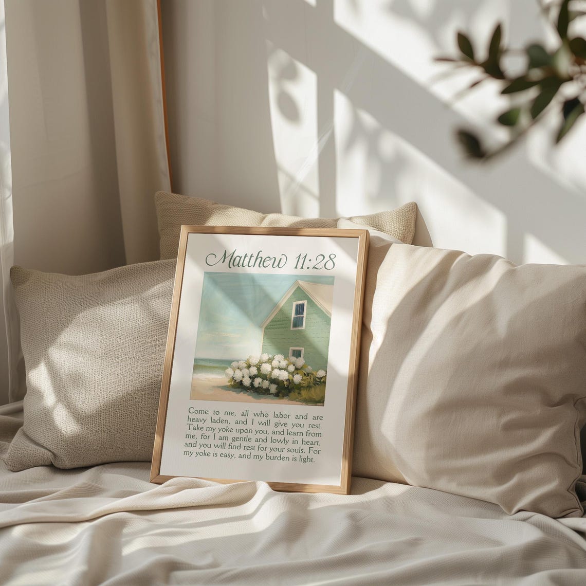 Matthew 11:28 Beach House Hydrangeas Coastal Painting Poster - Image 4