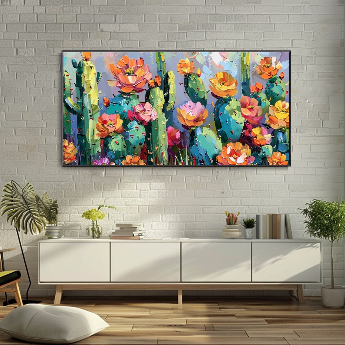 Blooming Cactus Garden Pink Orange Desert Thick Texture Oil Poster - Image 3