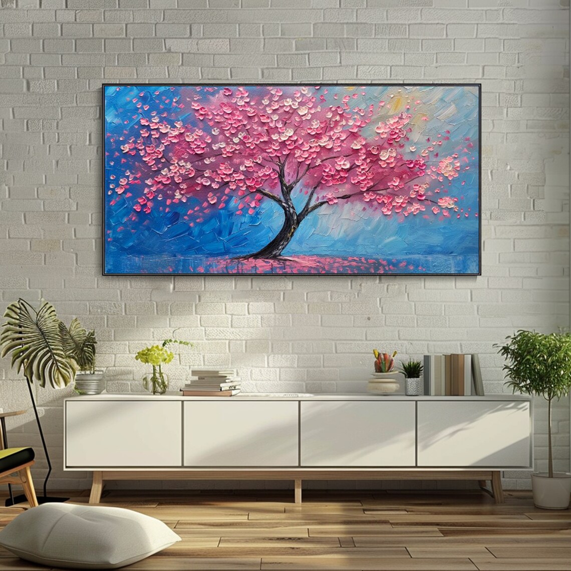 Pink Sakura Tree Oil Painting, Minimalist Landscape - Image 2