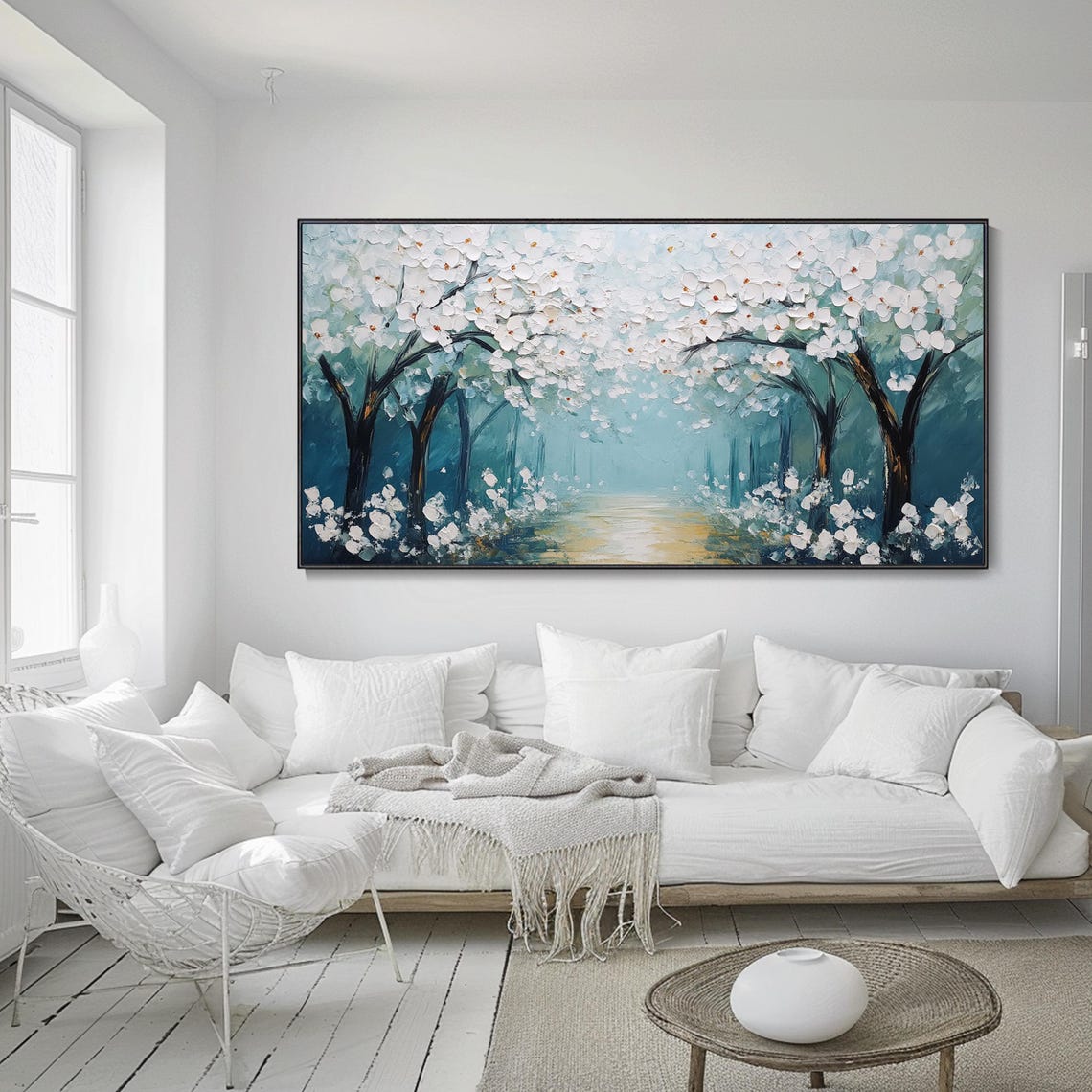 White Cherry Blossom Trees River Path 3D Textured Art Poster - Image 2