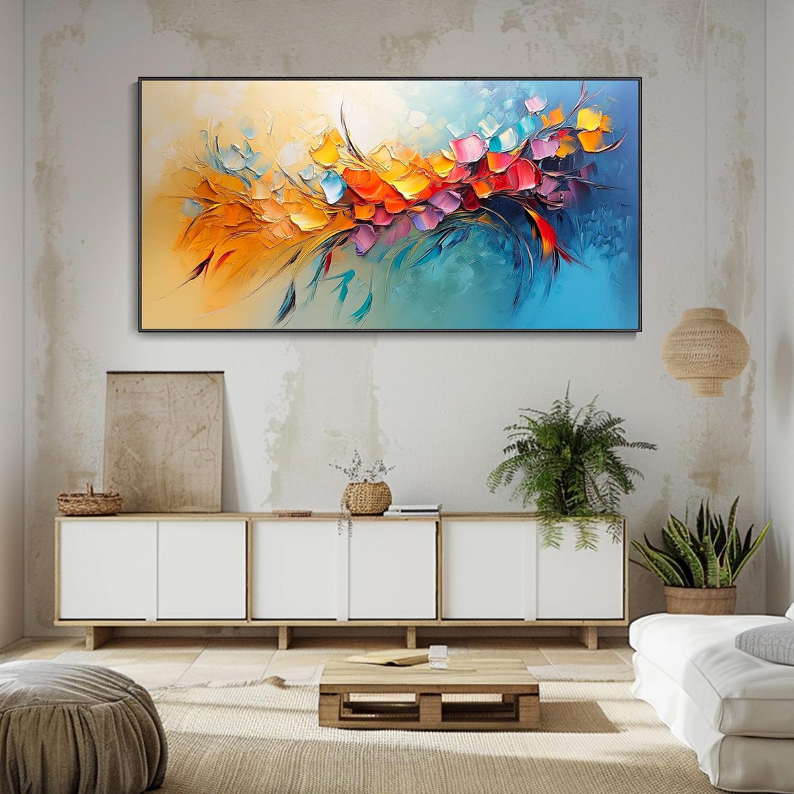 Abstract Orange and Blue Floral 3D Textured Impasto Art Poster - Image 2