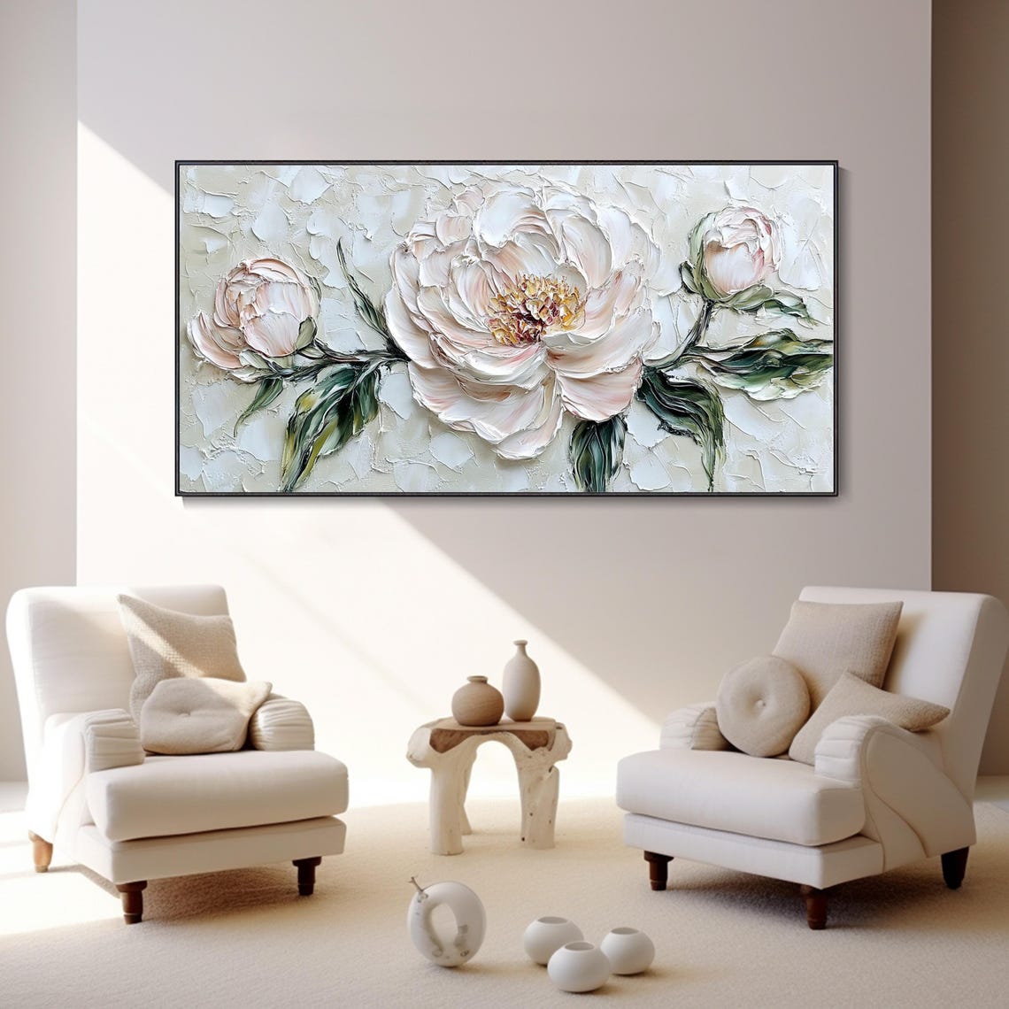 Large White Peony Blossom 3D Textured Impasto Floral Art Poster - Image 2