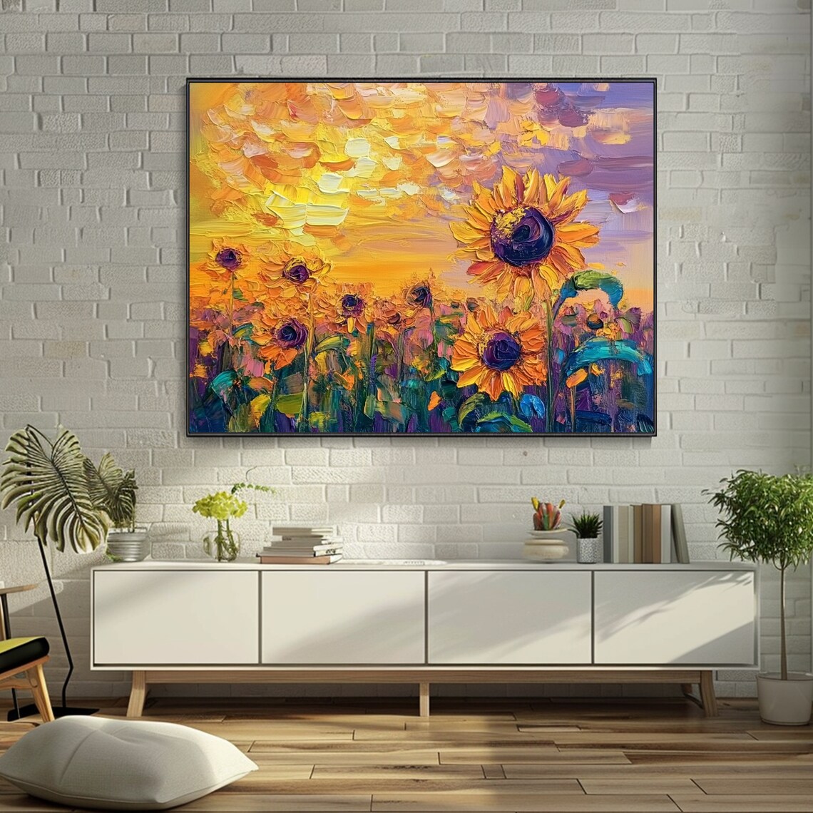 Vibrant Sunflower Garden Oil Painting, Floral Abstract - Image 3