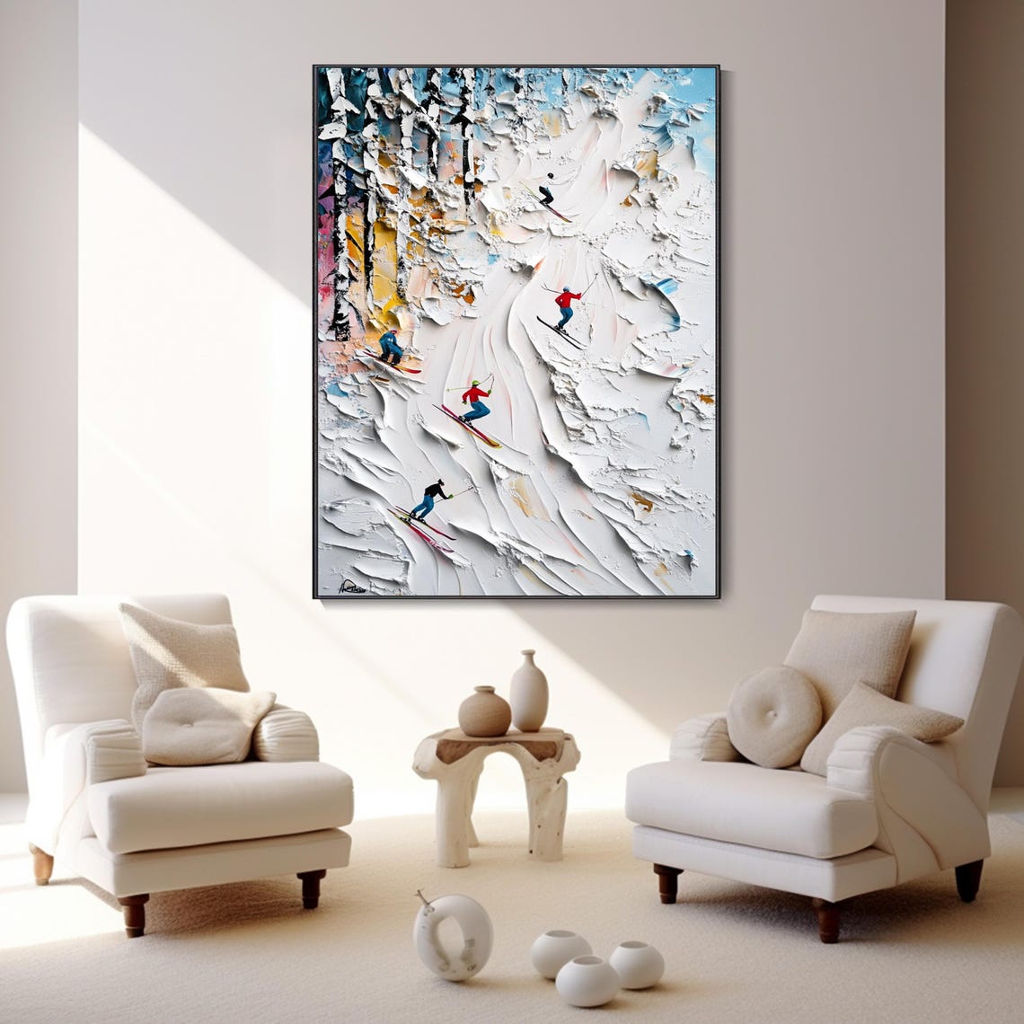 Skiers Racing Down Snowy Mountain Slope 3D Textured Sport Art Poster - Image 3