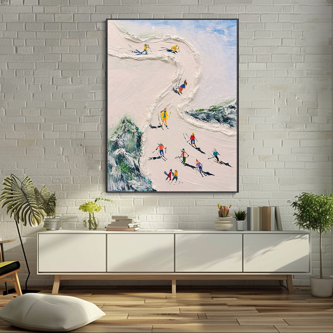 Tiny Skiers Snowy Slope Aerial White Texture Oil Painting Poster - Image 3