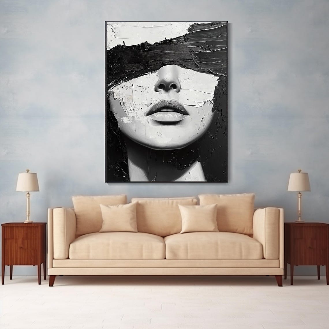 Black White Abstract Woman Face Portrait Eyes Covered Oil Poster - Image 2