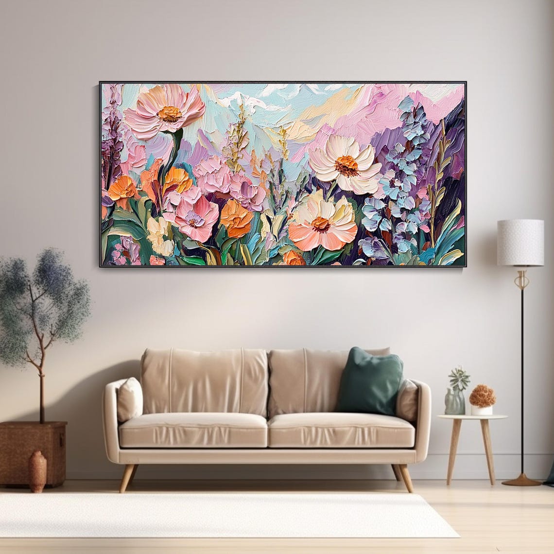 Original Pink Daisy Meadow Landscape Painting Serene Valley Oil Art Abstract Tropical Rainforest Hand Crafted Artwork Soft Colored - Image 4