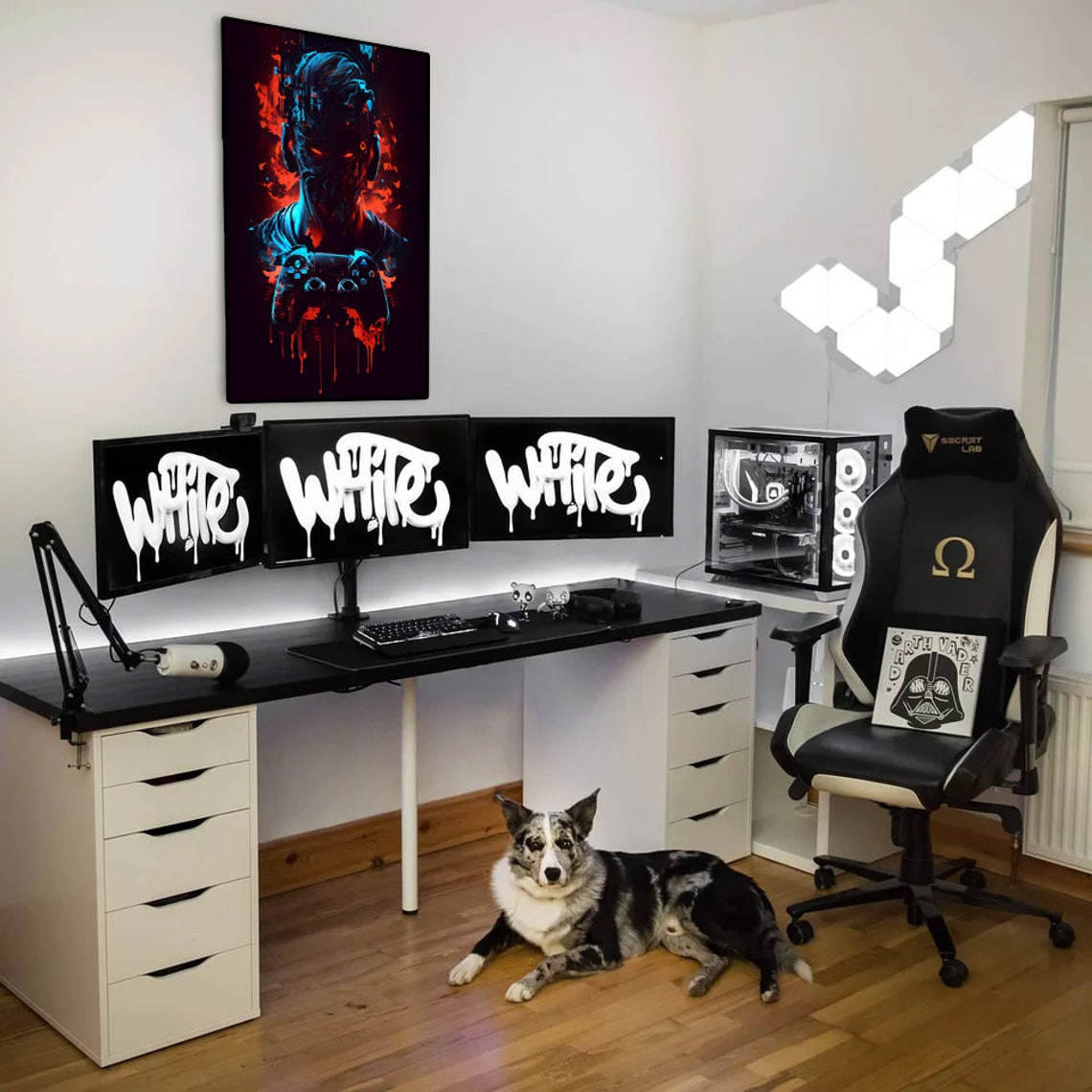 Cyberpunk Gamer with Headset Holding Controller Neon Red Blue Poster - Image 2