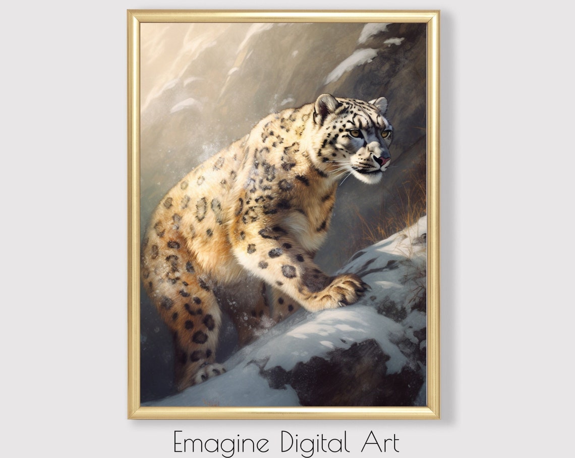 Snow Leopard Prowling on Snowy Mountain Realistic Wildlife Poster