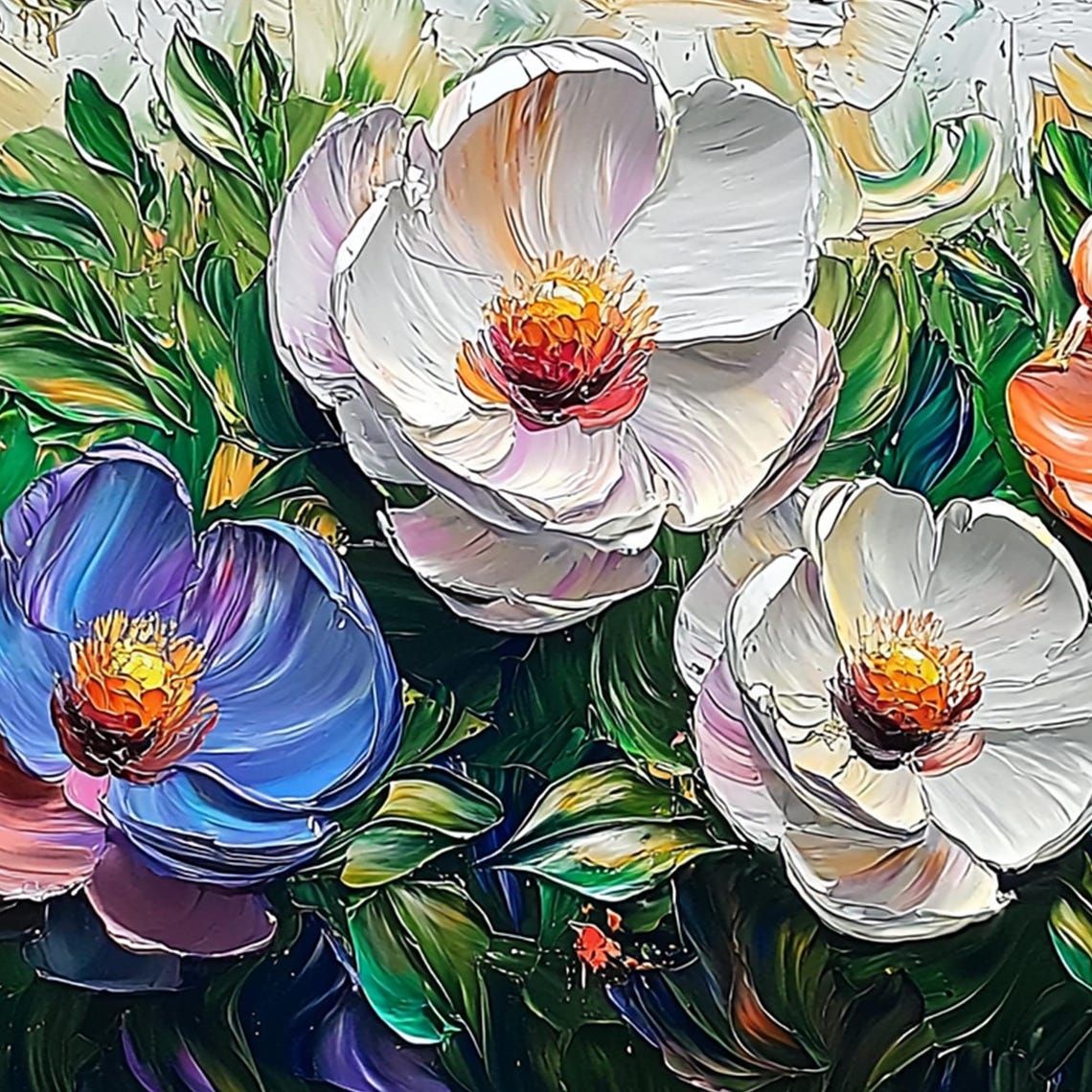 Multicolor Bloom Flowers Standing Over Dark Green Leaves Wall Art - Image 3