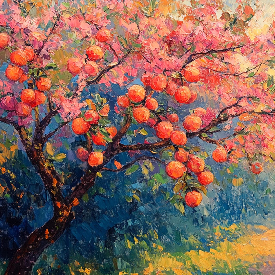 Blooming Fruit Tree With Orange Fruit And Pink Blossoms Poster - Image 3