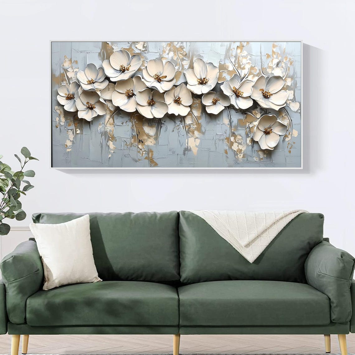 White 3D Flower Garland Draped on Pale Blue Grey Floral Wall Art - Image 5