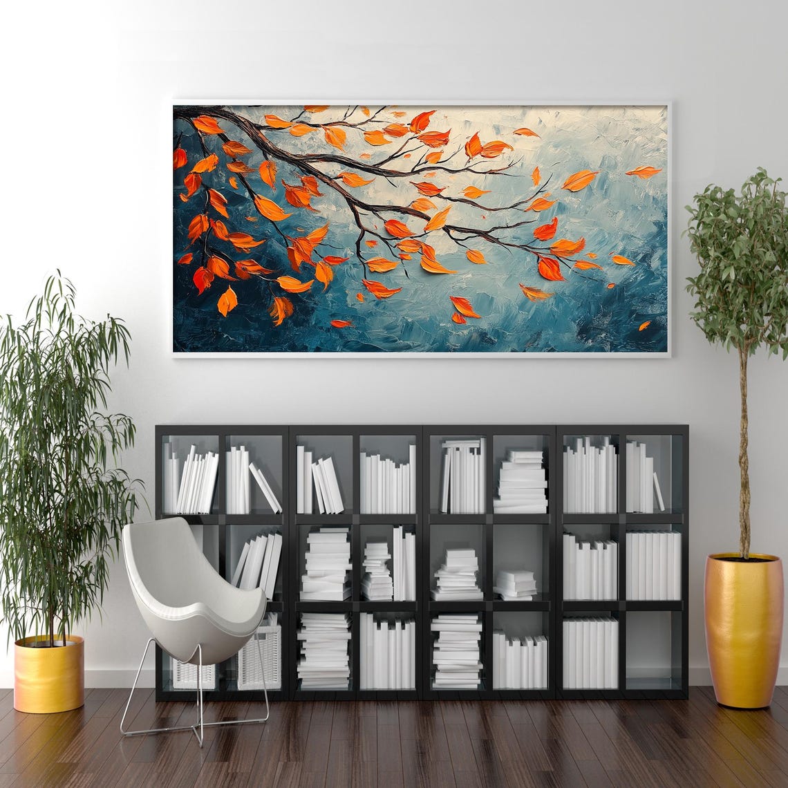 Stormy Autumn Branch with Red Orange Leaves on Teal Sky Wall Art - Image 2