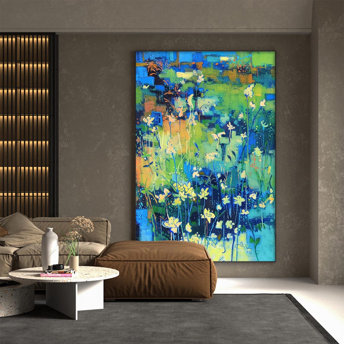 Abstract Vertical Garden With Yellow Wildflowers On Blue Green Poster - Image 2