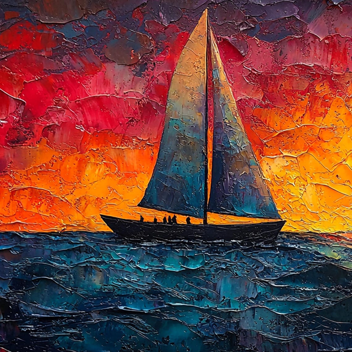 Large Original Sailboat Oil Painting On Abstract Sunset Seascape Painting Nautical Wall Art Custom Painting Living Room Wall Decor - Image 3