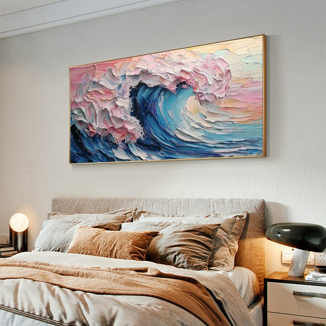 Towering Blue Ocean Wave with Pink Foam Impasto Seascape Wall Art - Image 2
