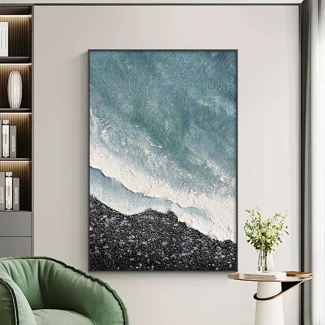 Aerial Beach Foam Waves Breaking on Black Sand Teal Ocean Wall Art - Image 4
