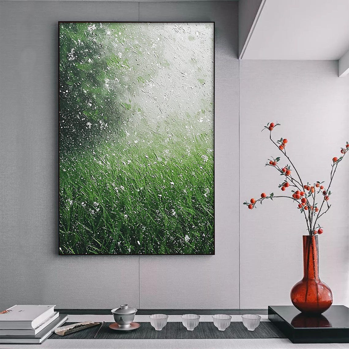 Snowy Green Grass Field Dissolving into Winter Mist Nature Wall Art - Image 3