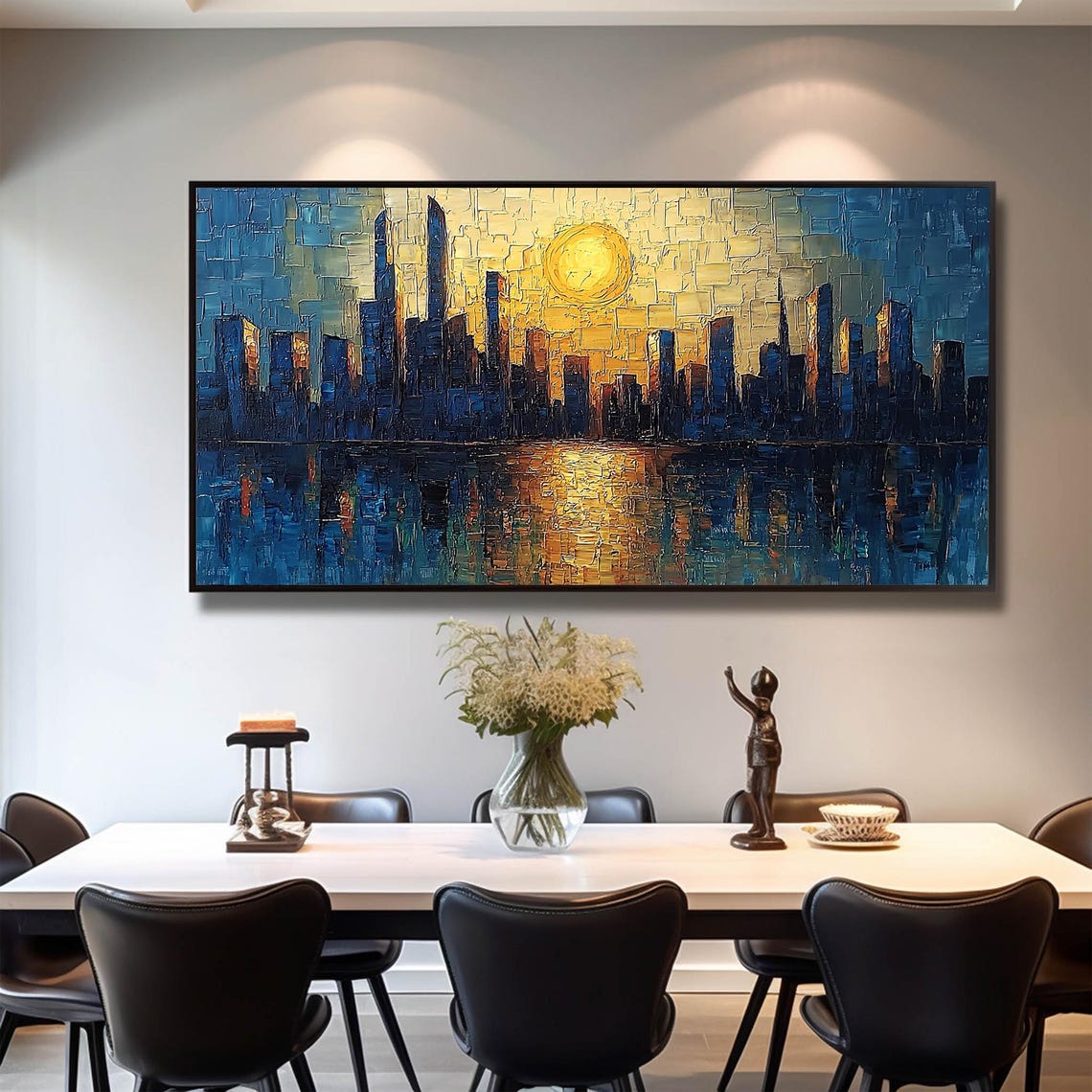 Sunset City Skyline Under Golden Sun with Water Reflection Wall Art - Image 4