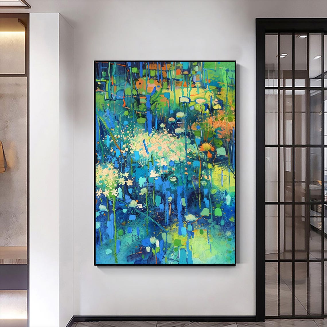 Emerald Green Wildflower Meadow Abstract Oil Painting Poster - Image 3